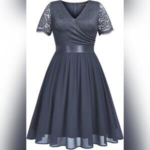 NWT Miusol Formal V Neck Floral Lace Contrast Chiffon A-Line Party Dress, 4XL